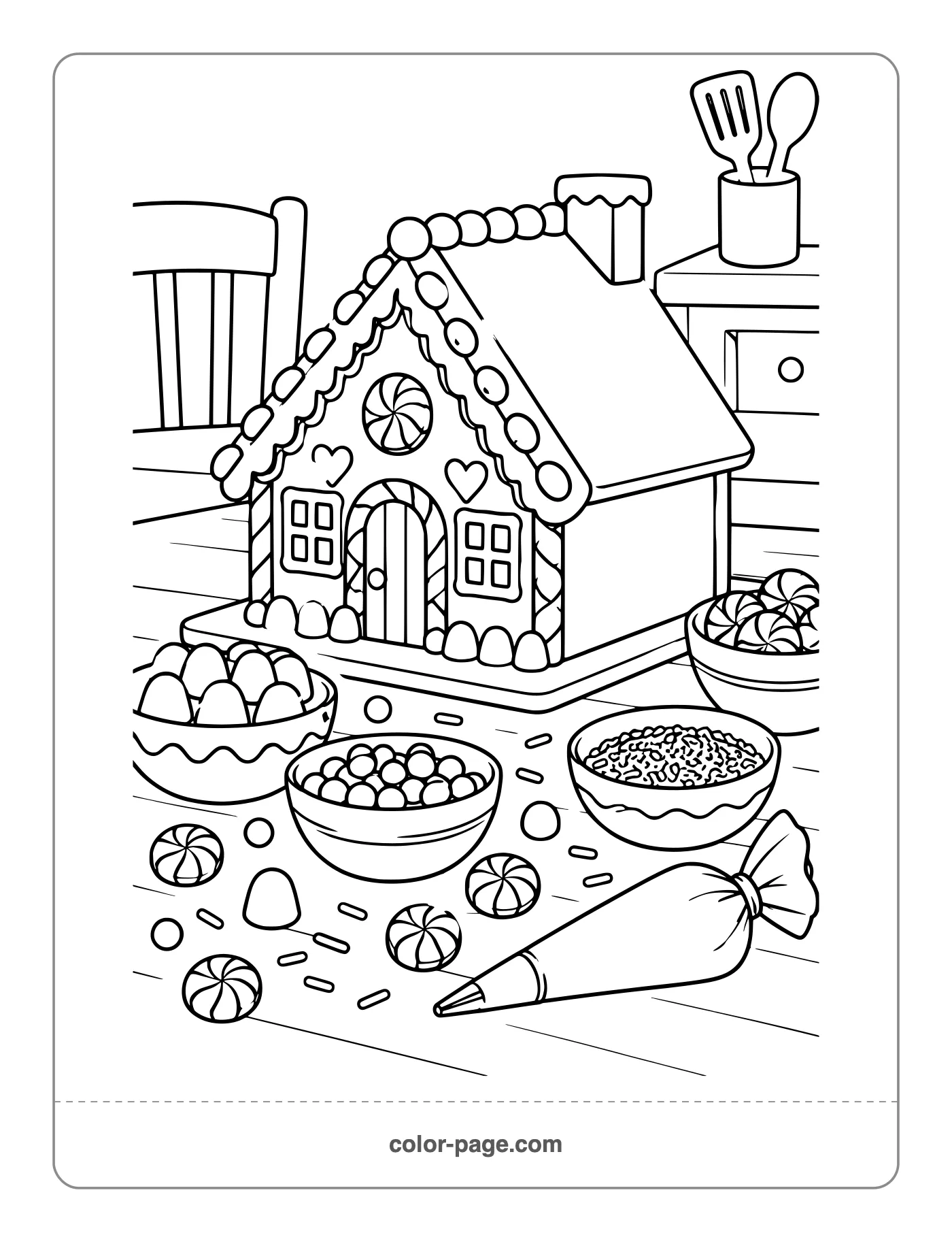 Gingerbread house being decorated on a table with candy bowls coloring page