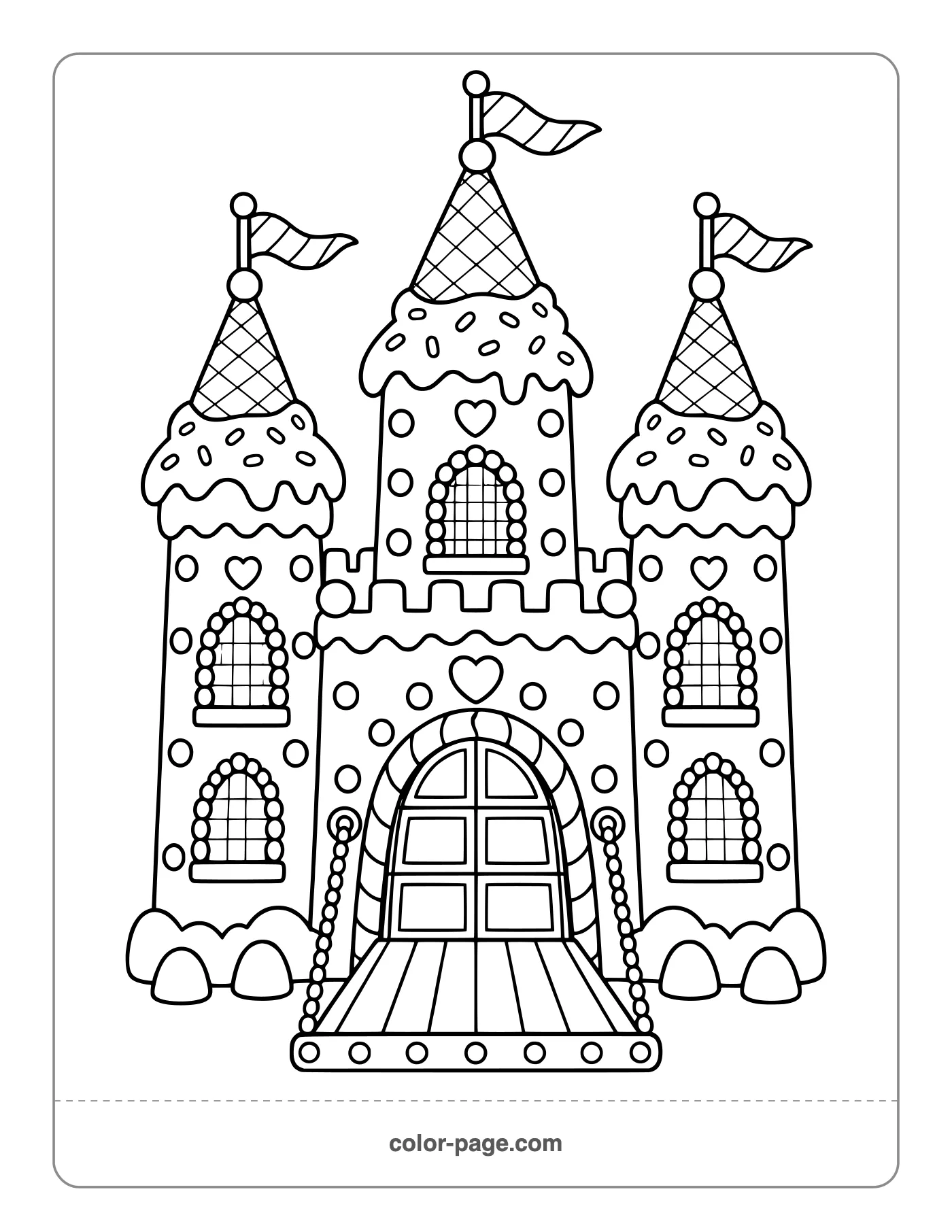 Gingerbread castle with ice cream cone towers coloring page