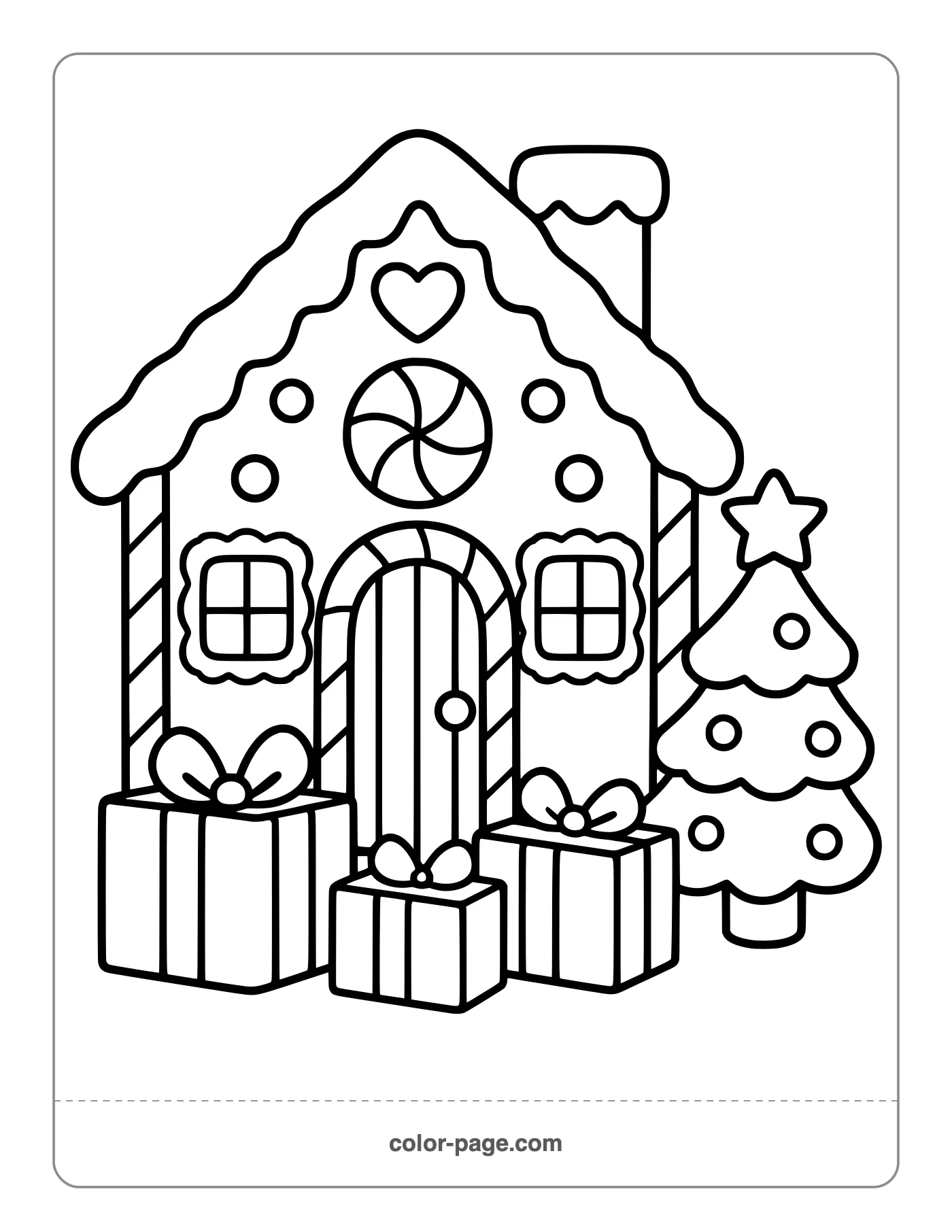 Gingerbread house with a Christmas tree and presents coloring page