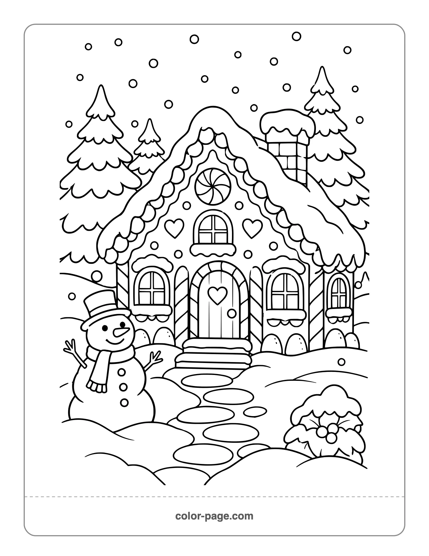Cozy gingerbread house in the snow with a snowman coloring page