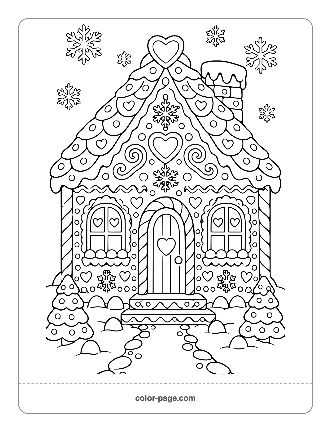 Detailed gingerbread house covered in icing patterns coloring page