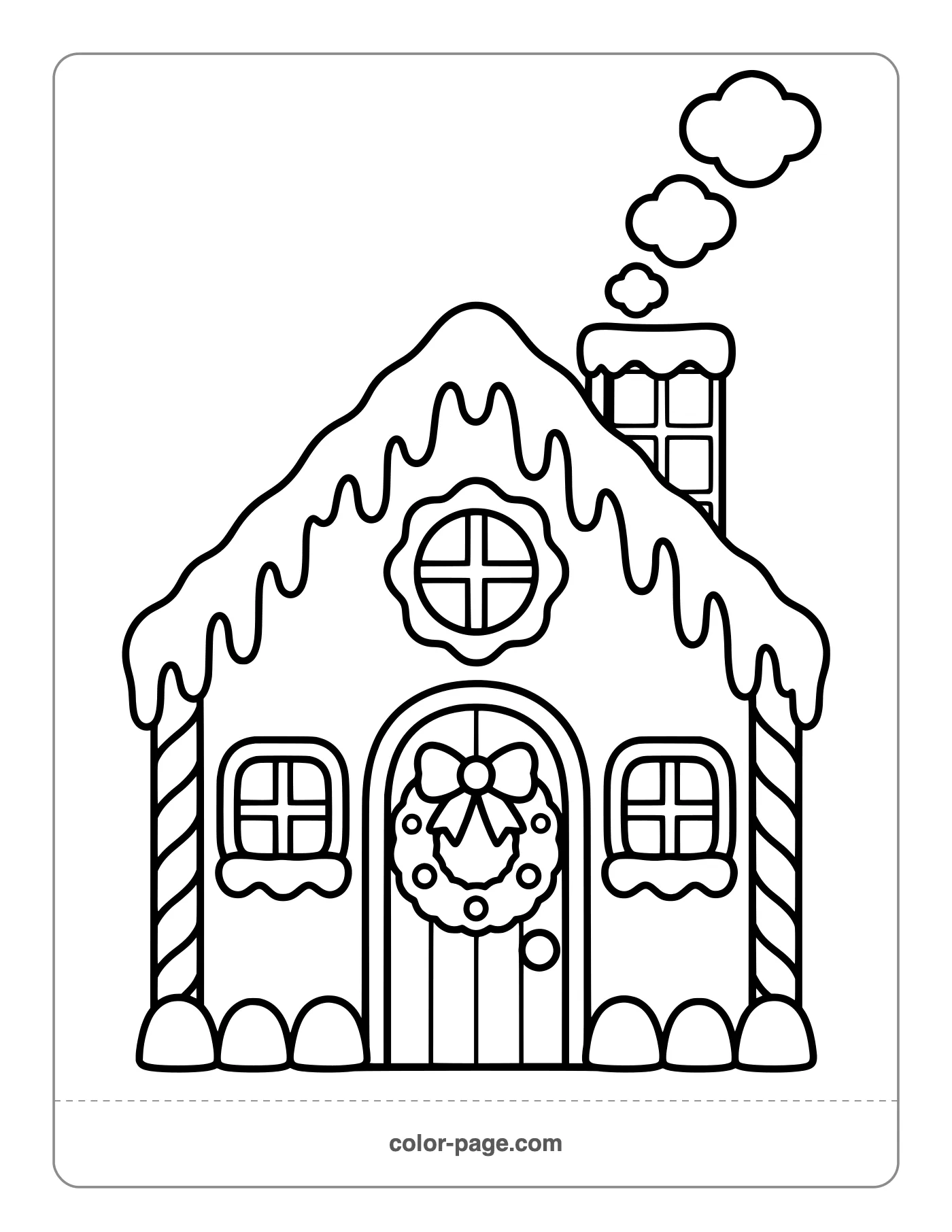 Gingerbread house with a chimney and wreath coloring page