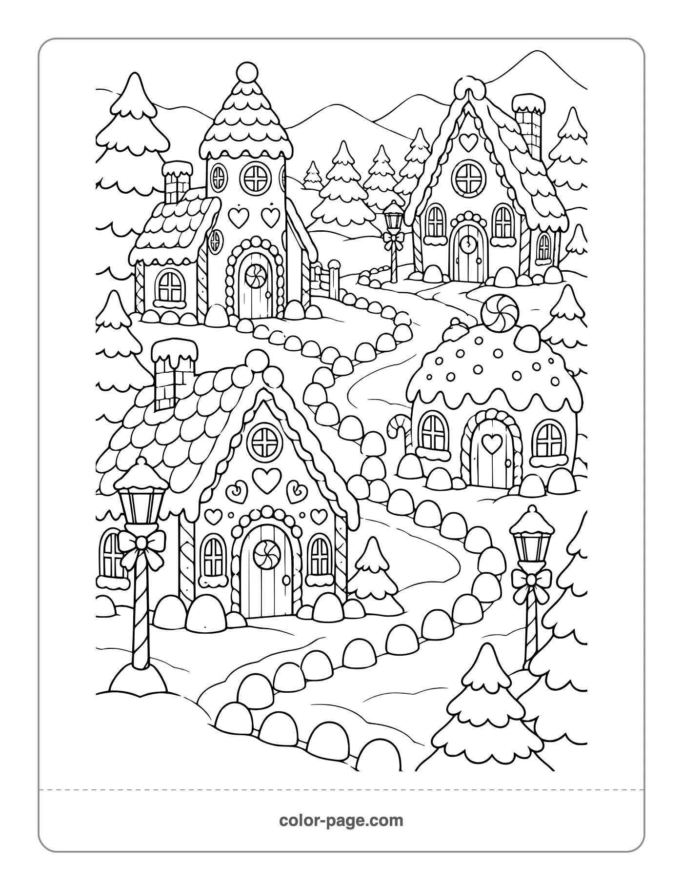 Gingerbread village with candy houses and a gumdrop road coloring page