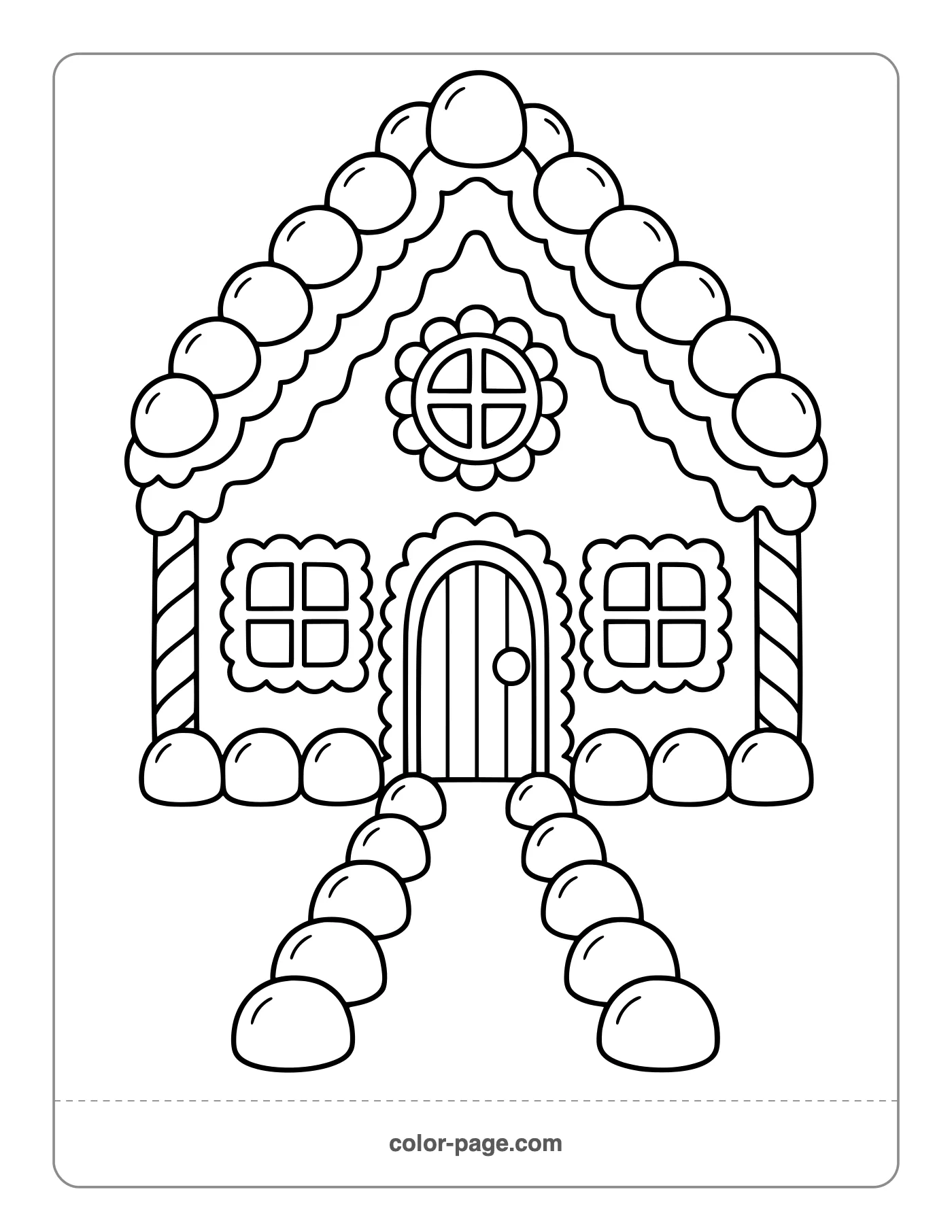 Gingerbread house with a gumdrop roof and path coloring page