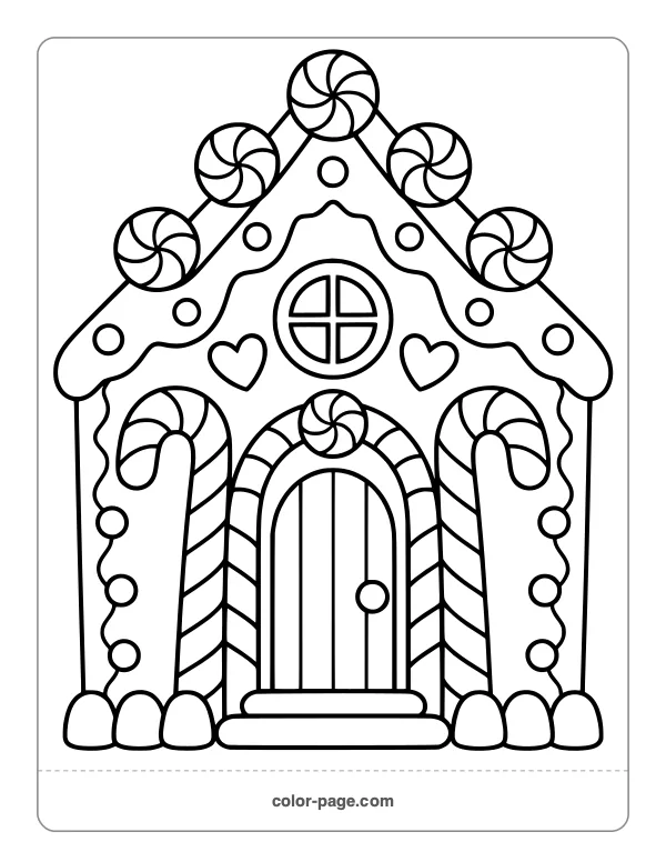 Gingerbread house with candy canes and peppermints coloring page