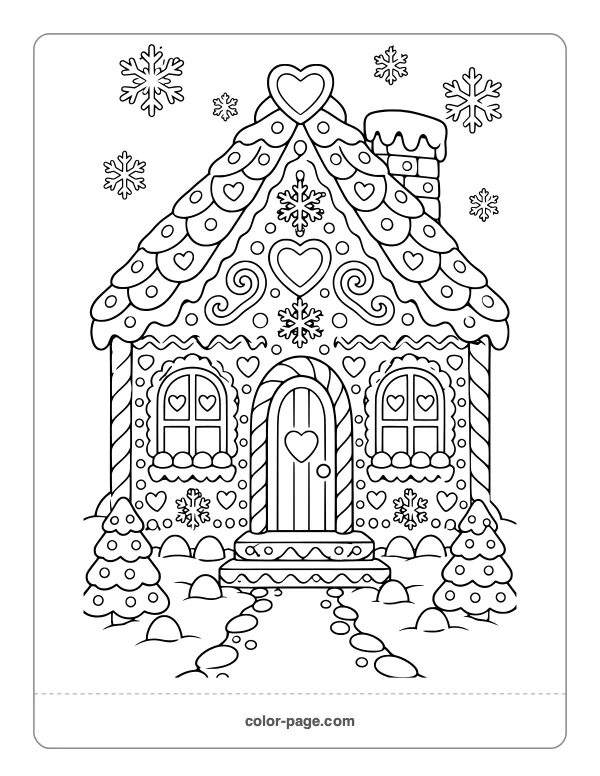 Detailed gingerbread house covered in icing patterns coloring page