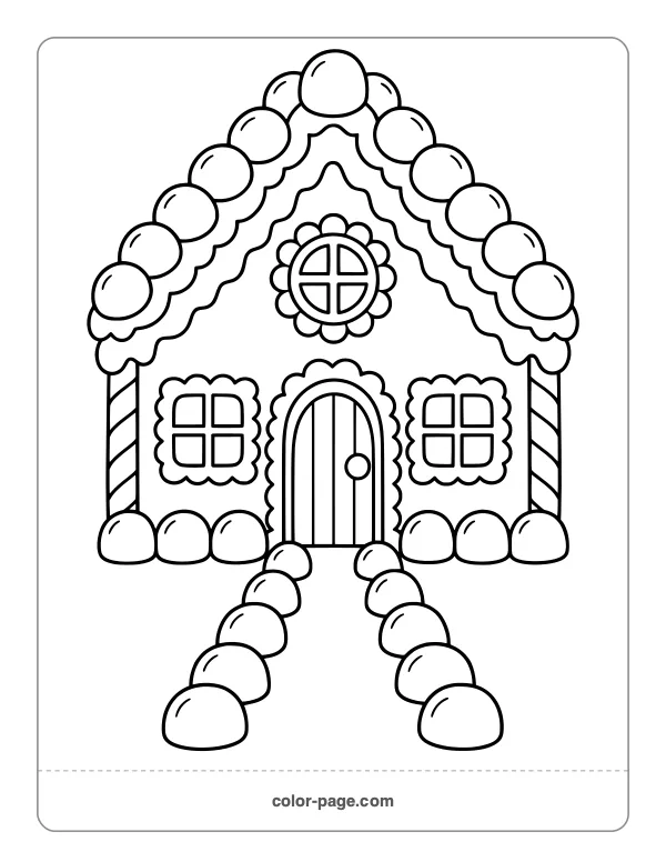 Gingerbread house with a gumdrop roof and path coloring page