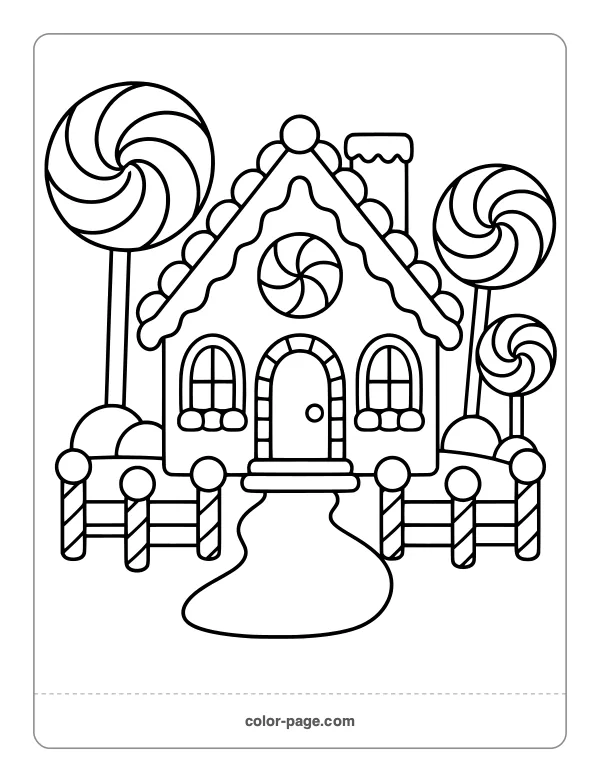Gingerbread house with giant lollipop trees coloring page