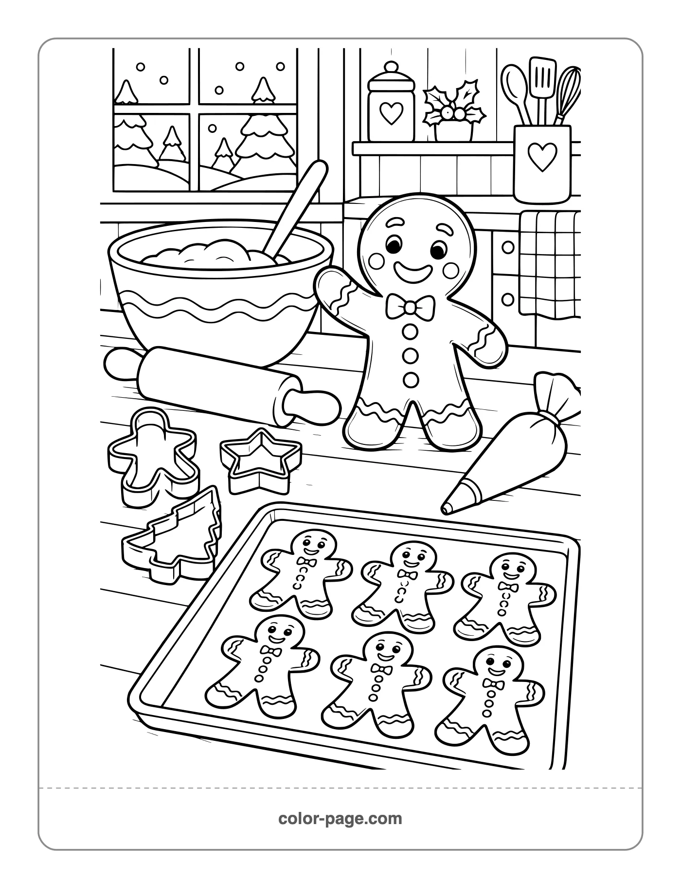 Kitchen counter with gingerbread men, rolling pin and cookie cutters coloring page