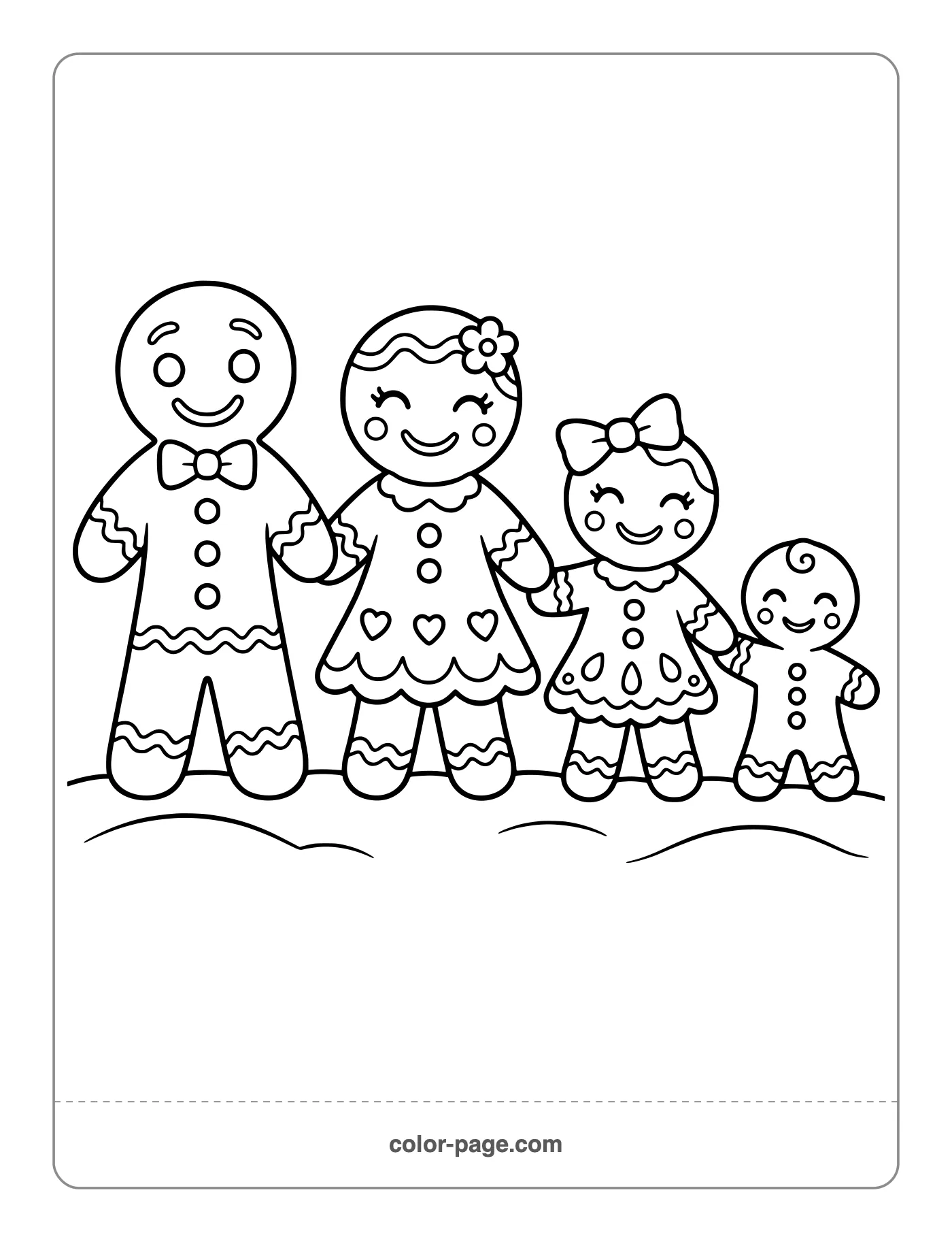 Gingerbread family of four holding hands coloring page