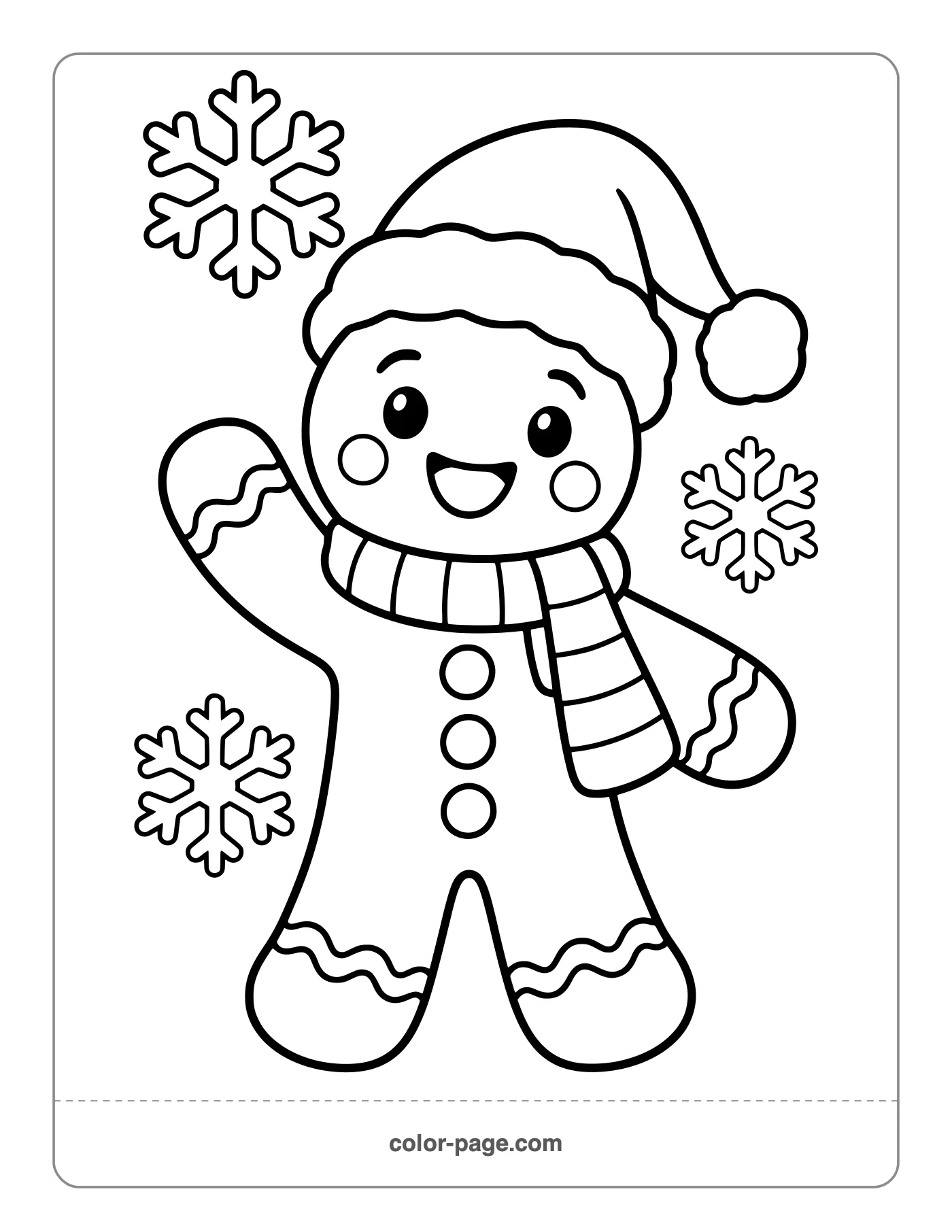 Gingerbread man wearing a Santa hat and scarf coloring page