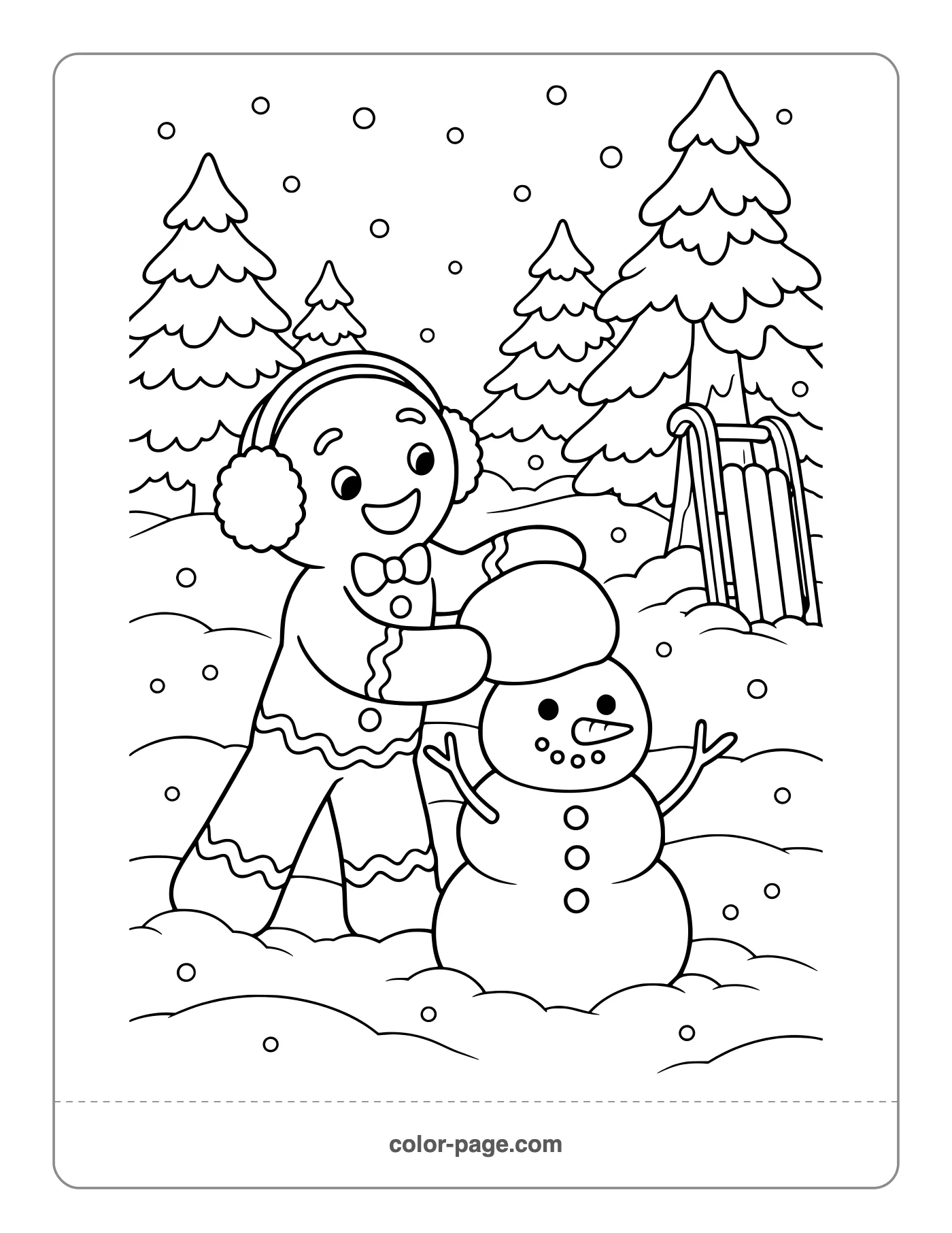 Gingerbread man in earmuffs building a snowman coloring page