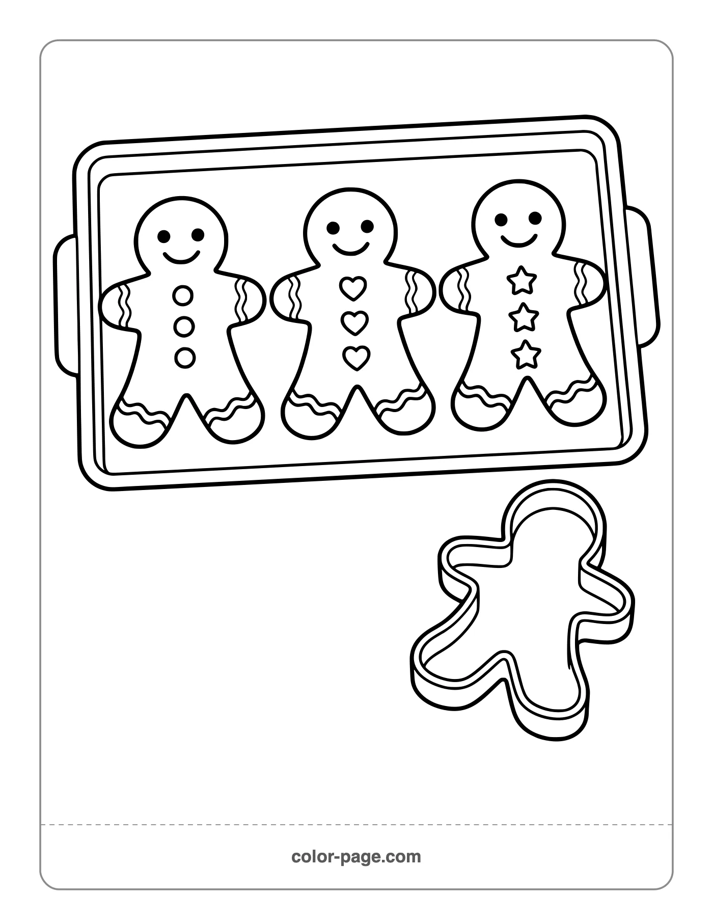 Three gingerbread men cookies on a baking tray coloring page