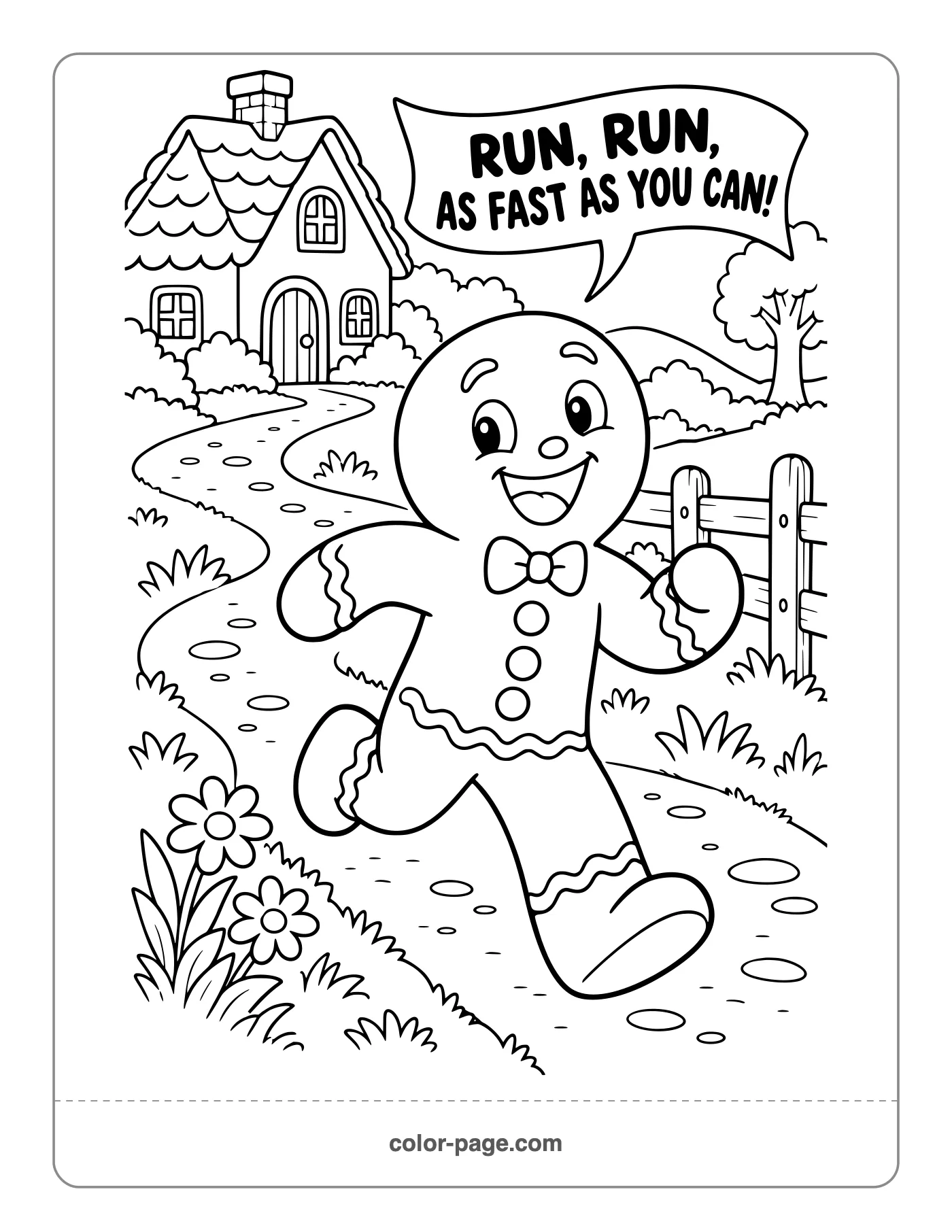 Gingerbread man running down a country path from the story coloring page