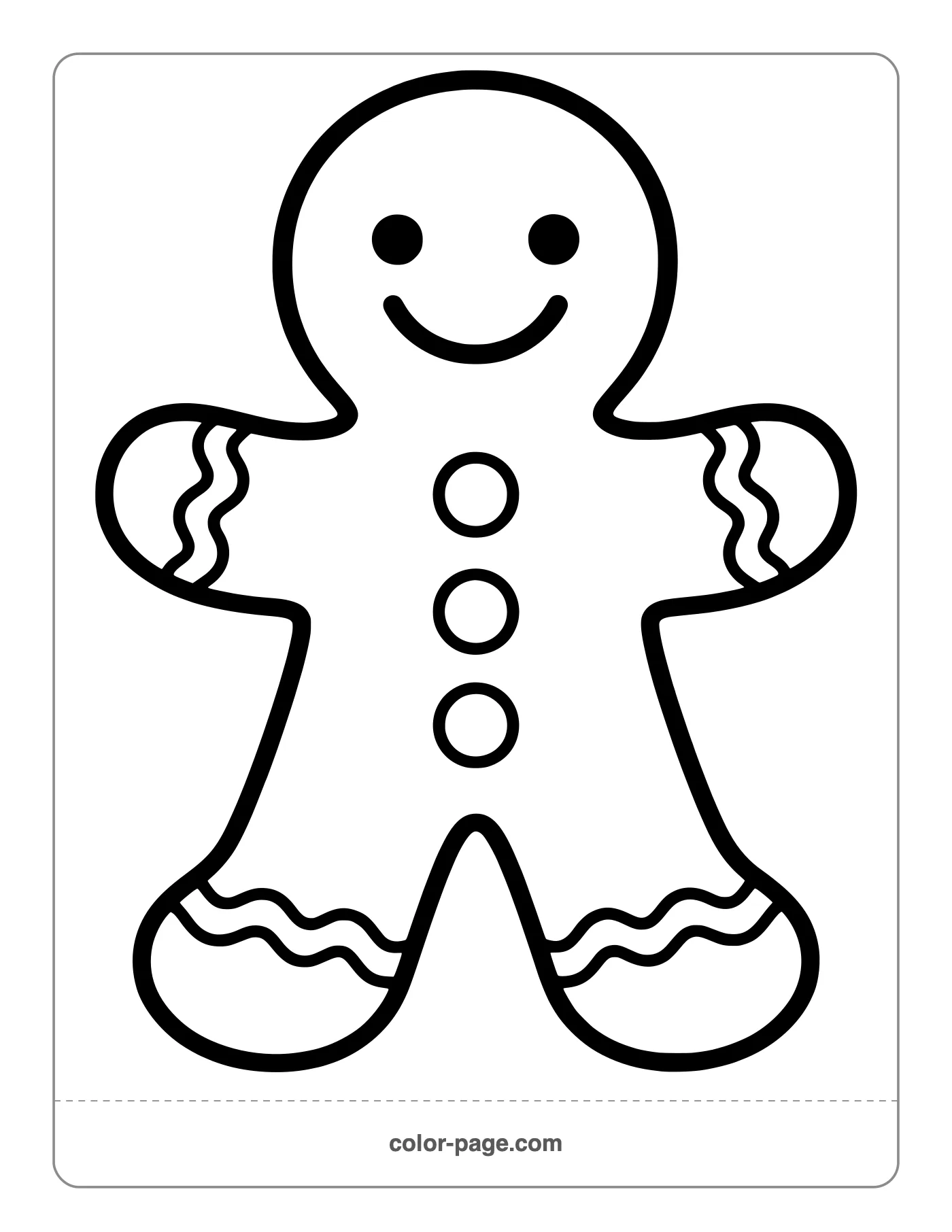 Simple big gingerbread man with three buttons coloring page for toddlers