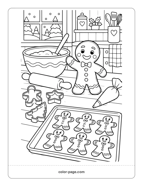 Kitchen counter with gingerbread men, rolling pin and cookie cutters coloring page