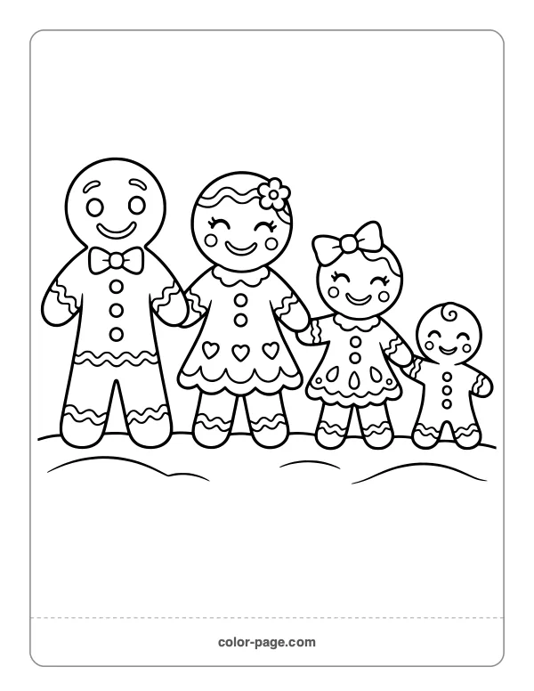 Gingerbread family of four holding hands coloring page