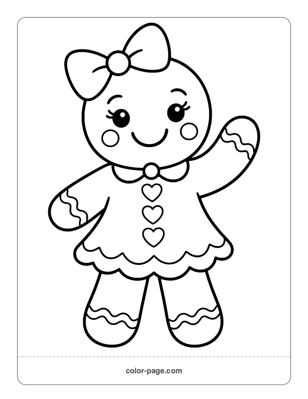 Smiling gingerbread girl with a bow and icing skirt coloring page