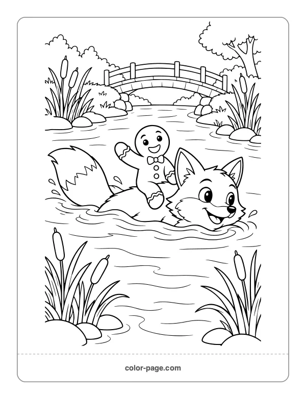 Gingerbread man riding on a fox across a river coloring page
