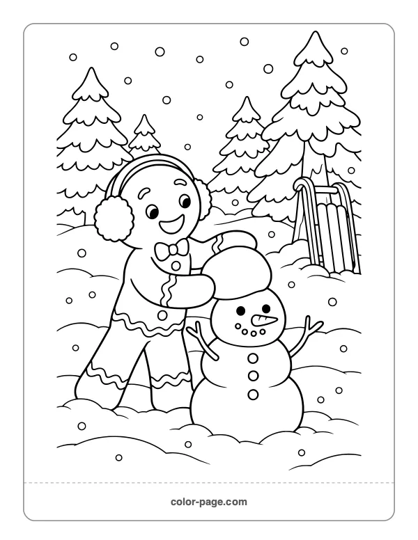 Gingerbread man in earmuffs building a snowman coloring page