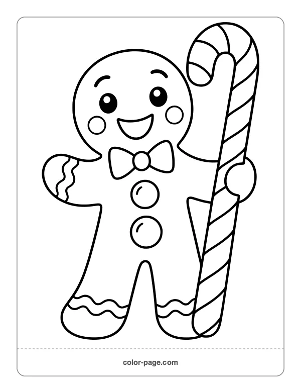 Happy gingerbread man holding a big candy cane coloring page