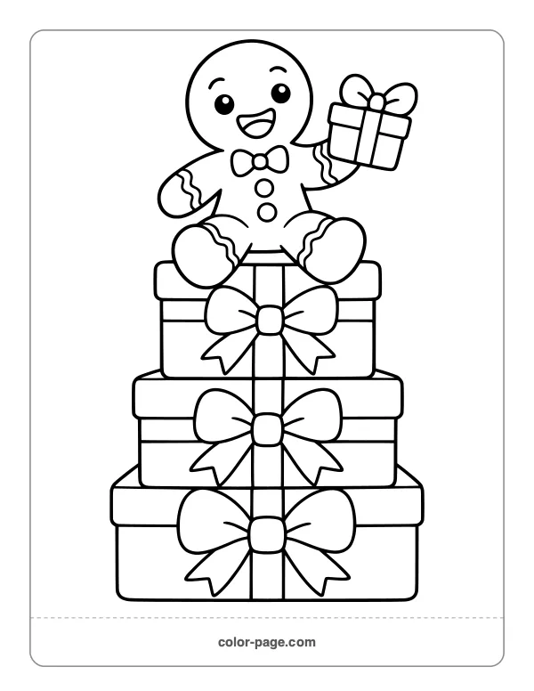 Gingerbread man sitting on a stack of Christmas presents coloring page