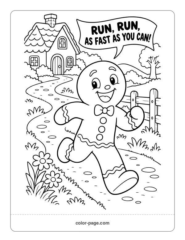 Gingerbread man running down a country path from the story coloring page