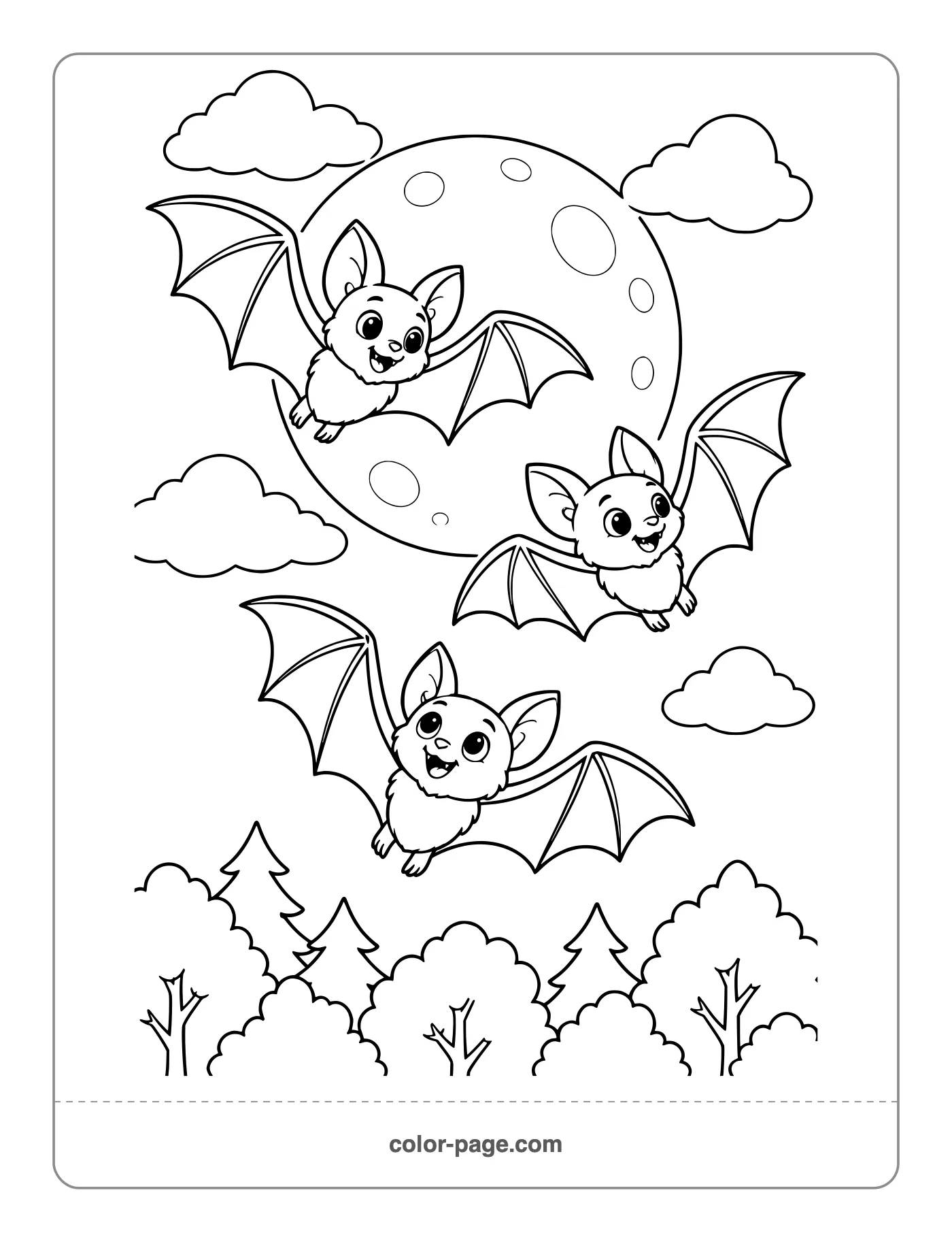 friendly bats flying around a full moon coloring page