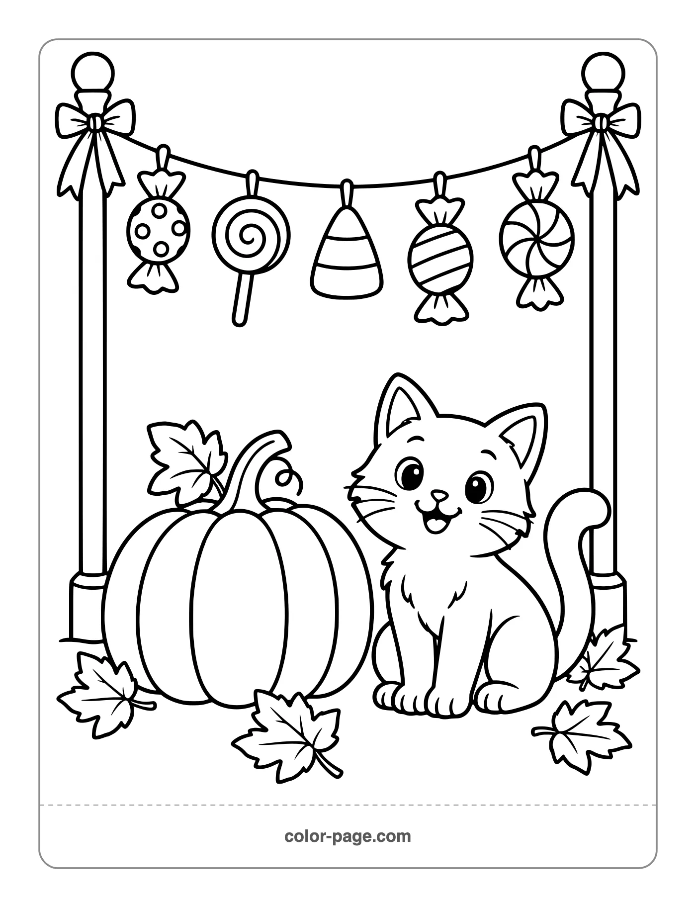 candy garland between posts with pumpkin and cat coloring page
