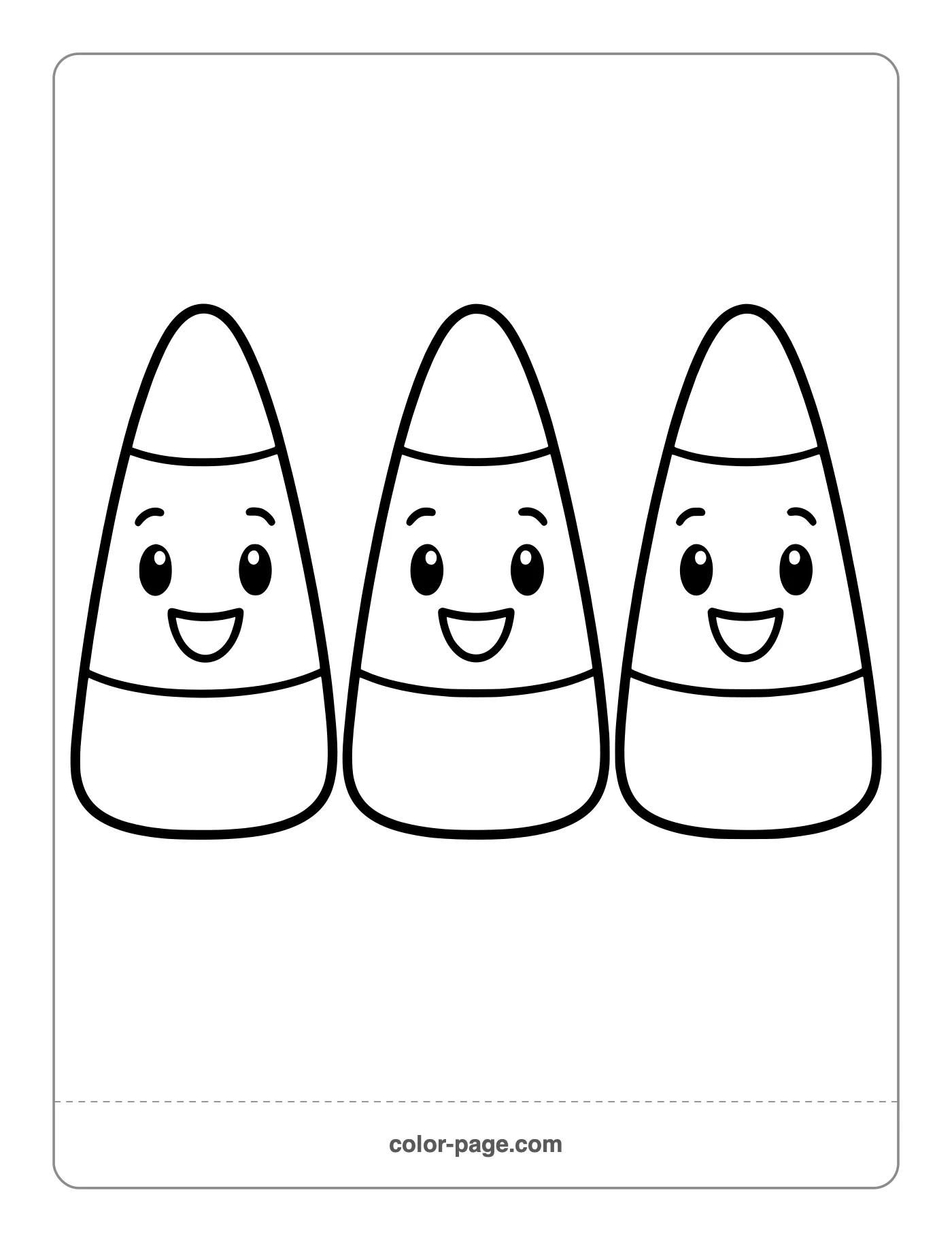 Three smiling candy corn pieces coloring page