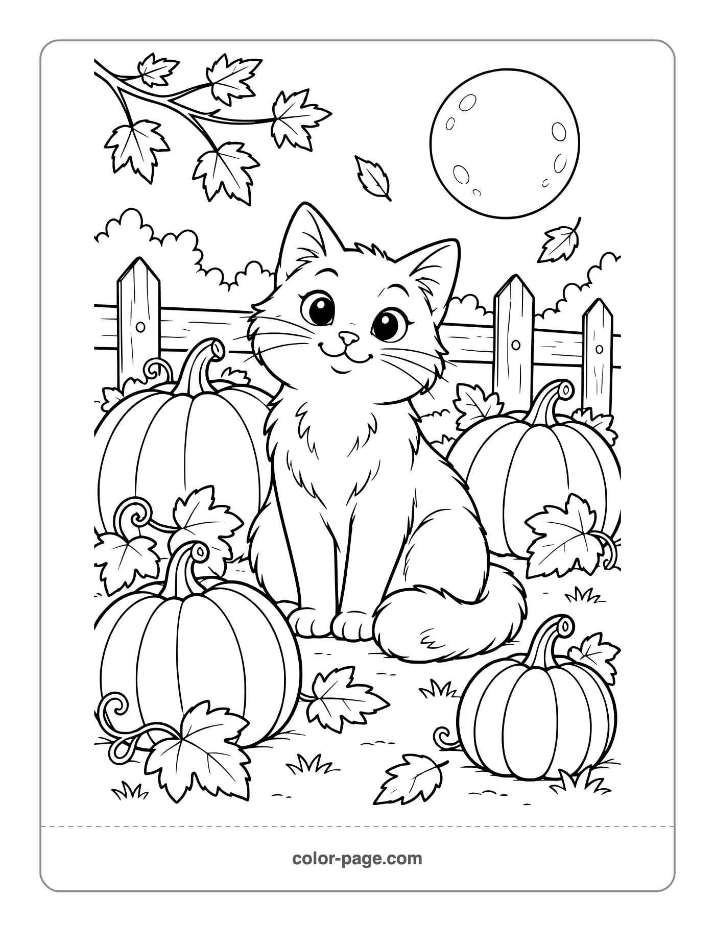 friendly cat sitting in a pumpkin patch coloring page