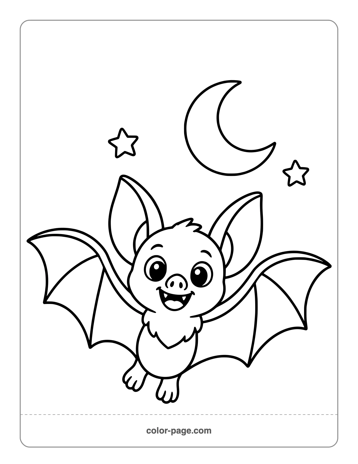 cheerful bat flying near a moon coloring page