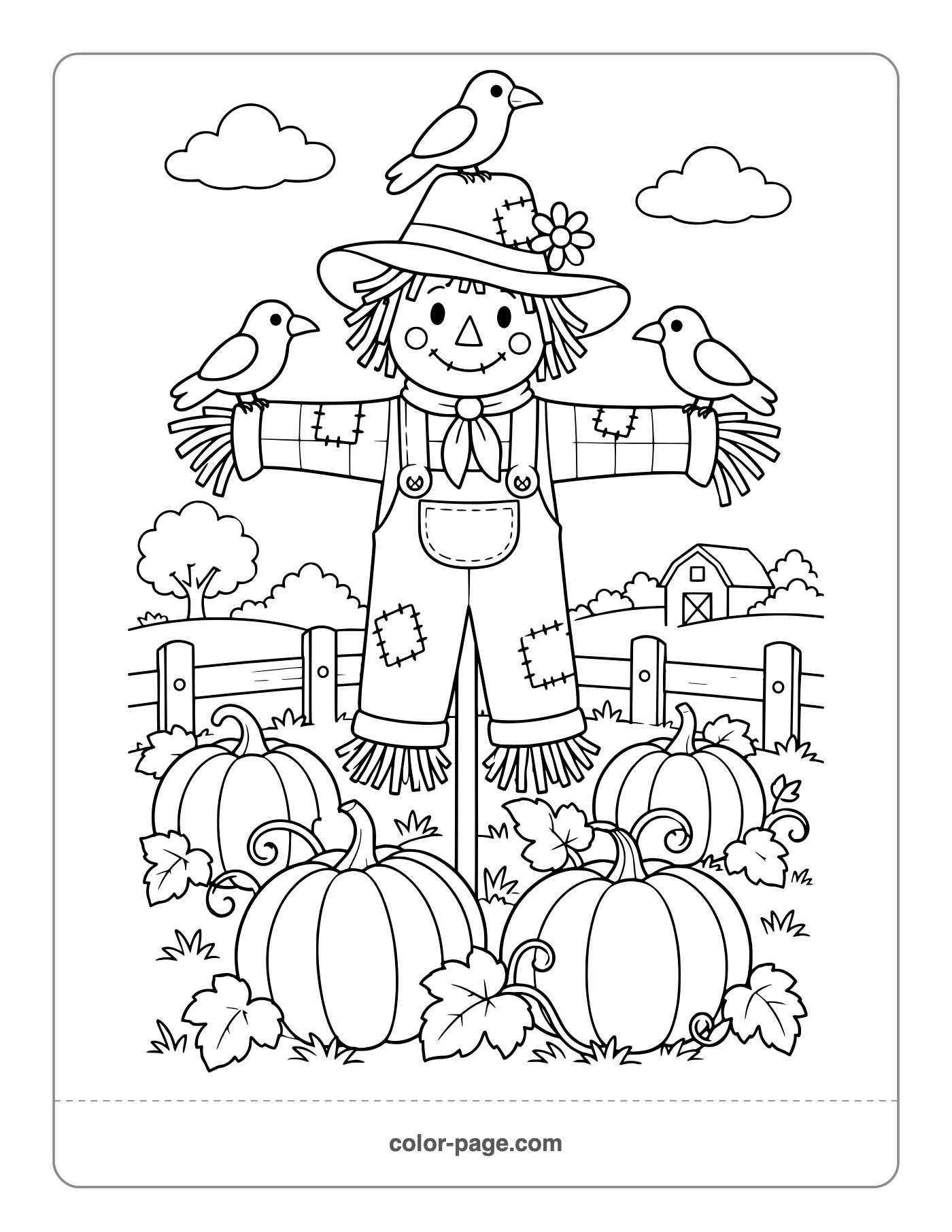 friendly scarecrow standing among pumpkins coloring page