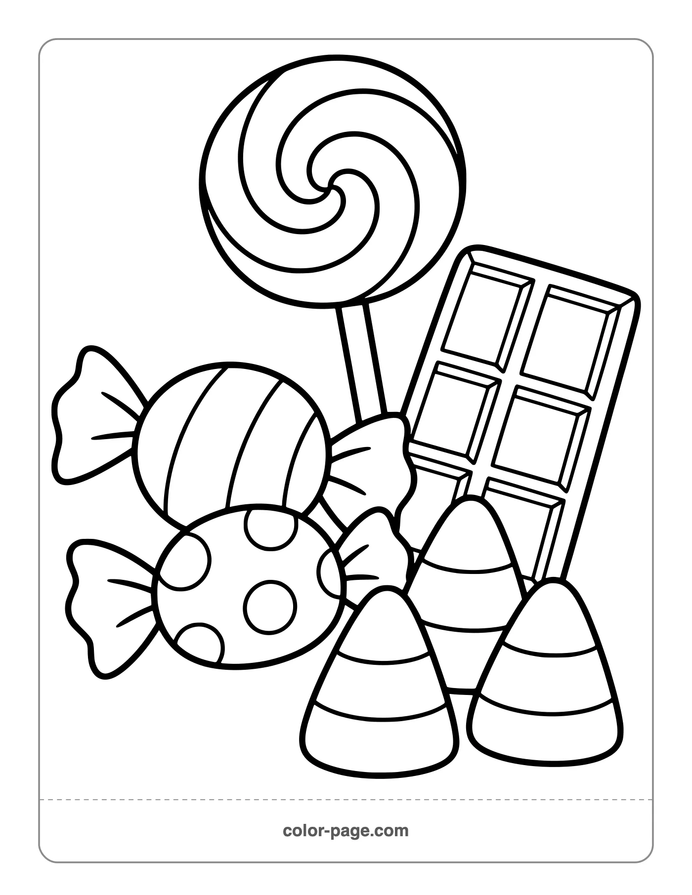 Pile of Halloween candy and candy corn coloring page