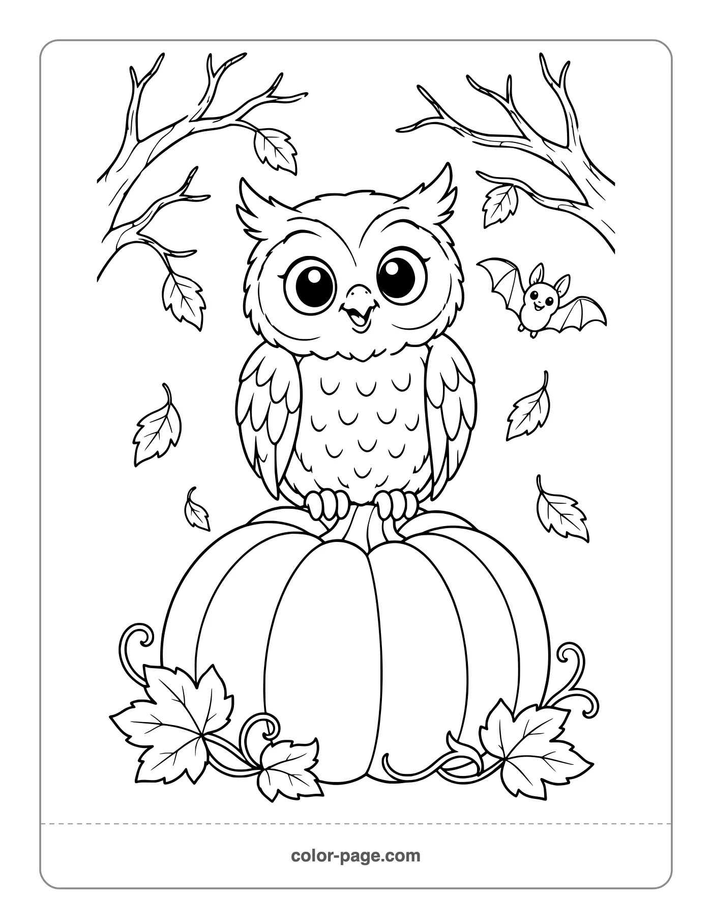 wide-eyed owl perched on a pumpkin coloring page