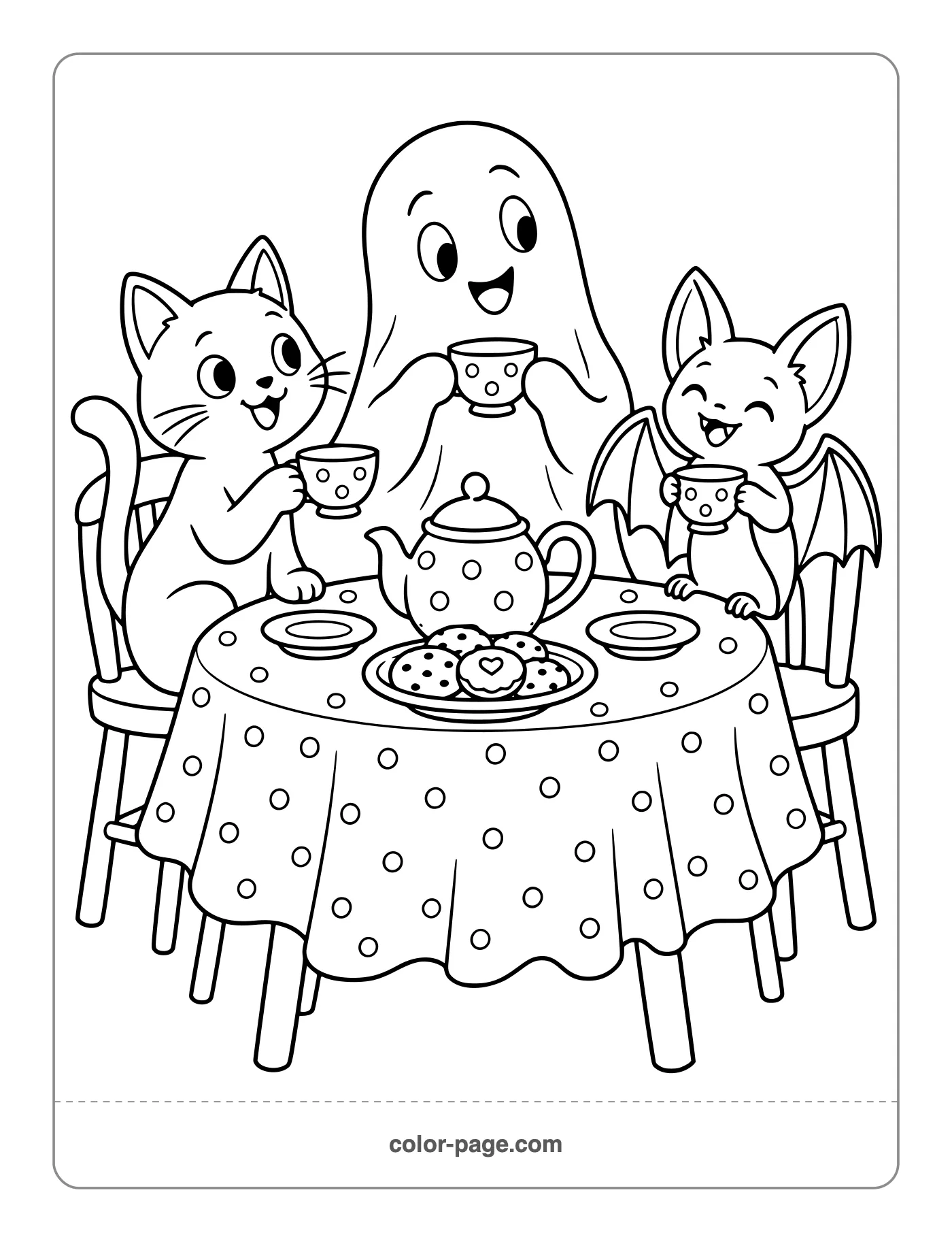 ghost cat and bat at a friendly tea party coloring page