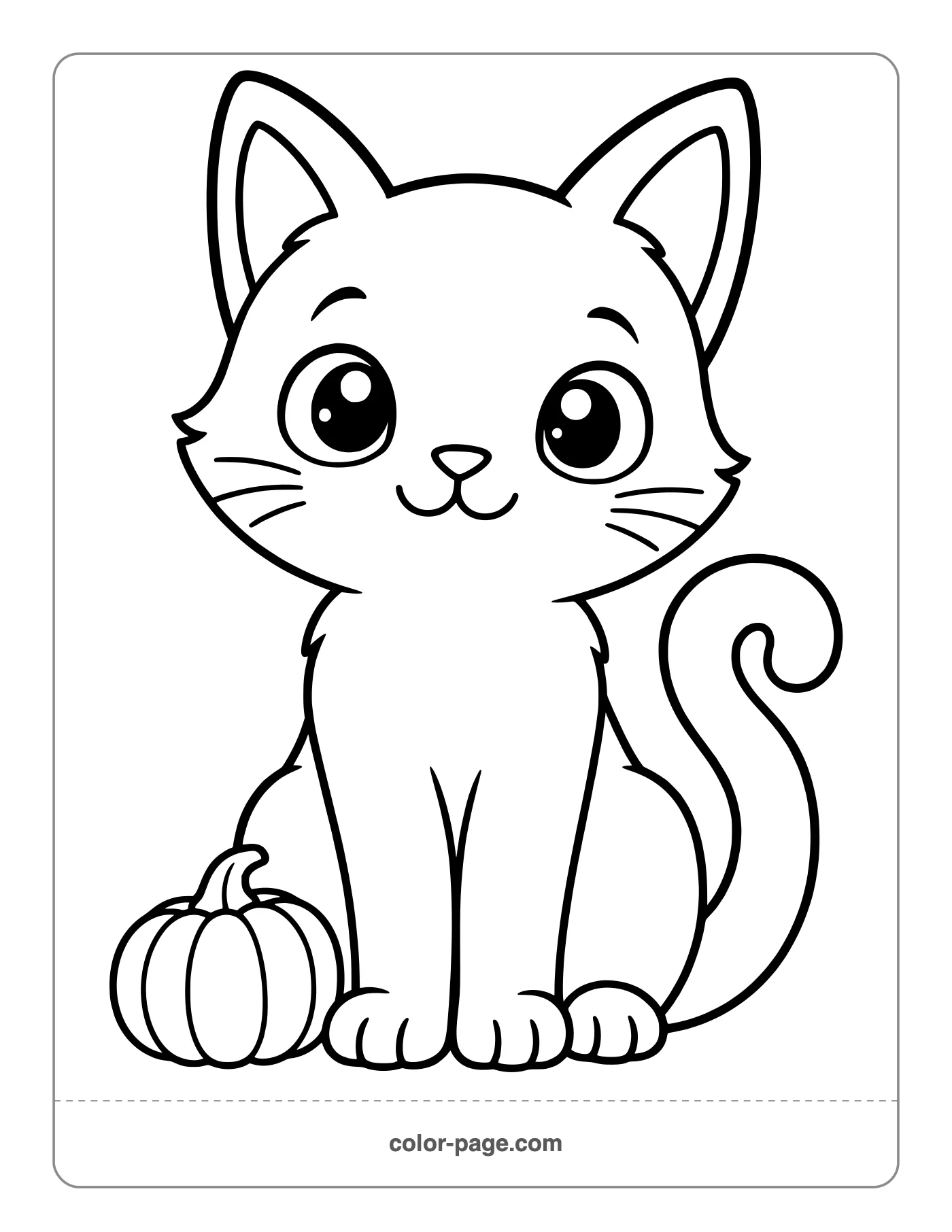 cute sitting black cat beside a pumpkin coloring page