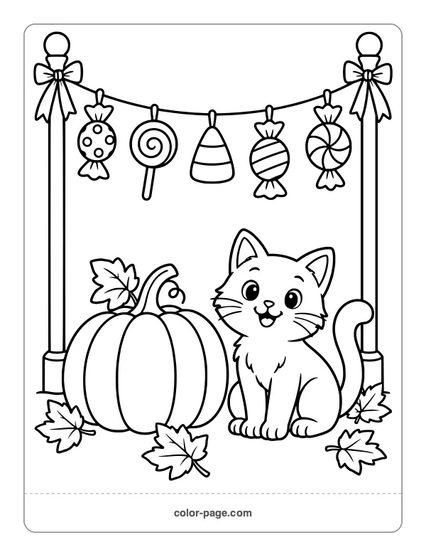 candy garland between posts with pumpkin and cat coloring page
