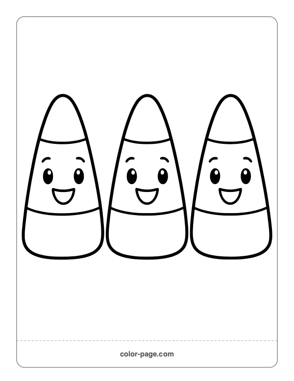 Three smiling candy corn pieces coloring page
