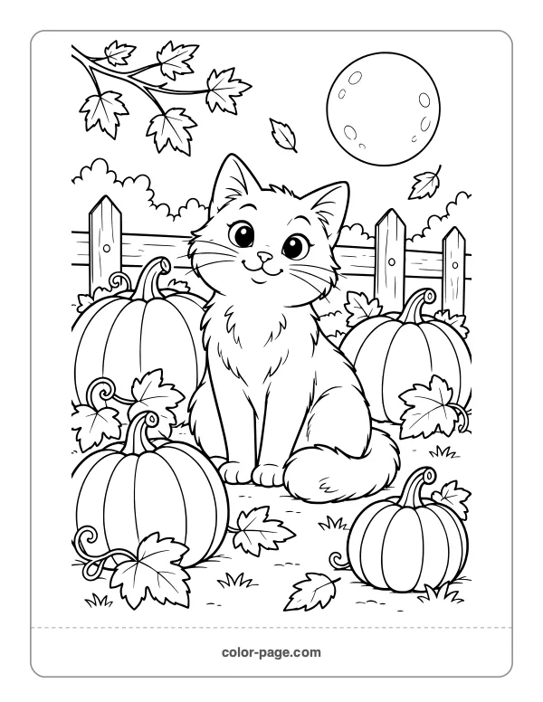 friendly cat sitting in a pumpkin patch coloring page