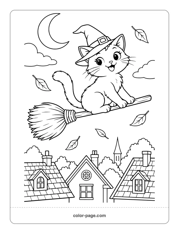 happy cat riding a broom over rooftops coloring page