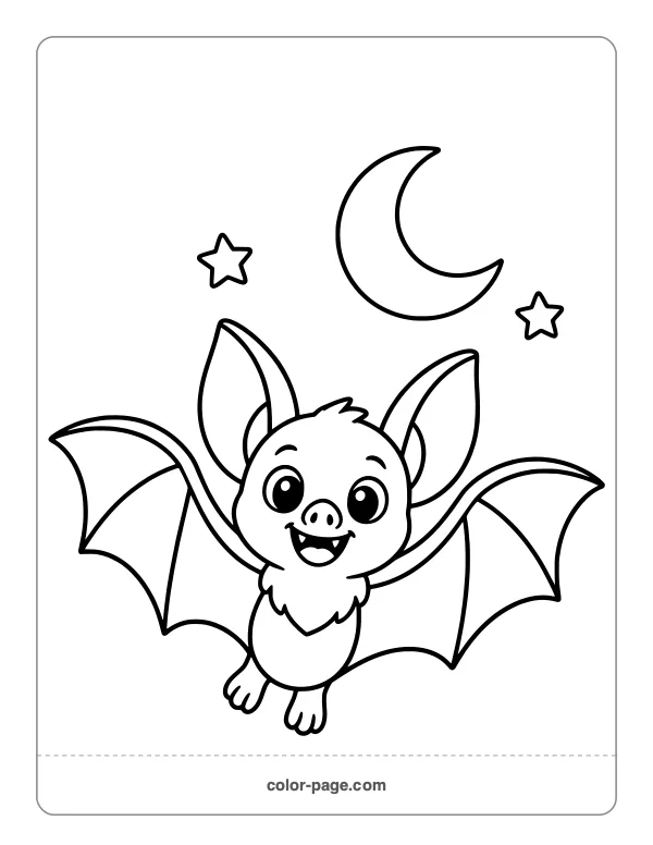cheerful bat flying near a moon coloring page