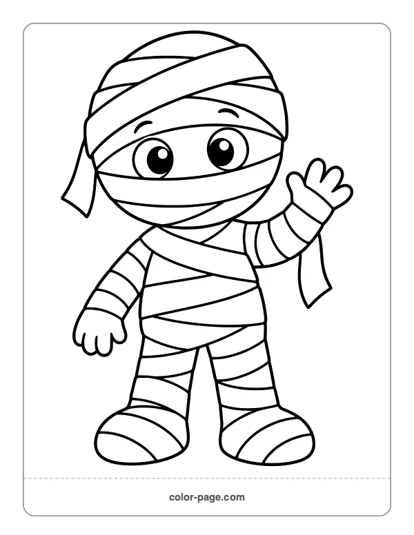 Cute friendly mummy waving coloring page