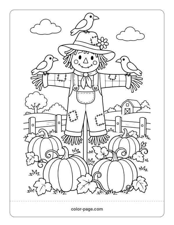 friendly scarecrow standing among pumpkins coloring page