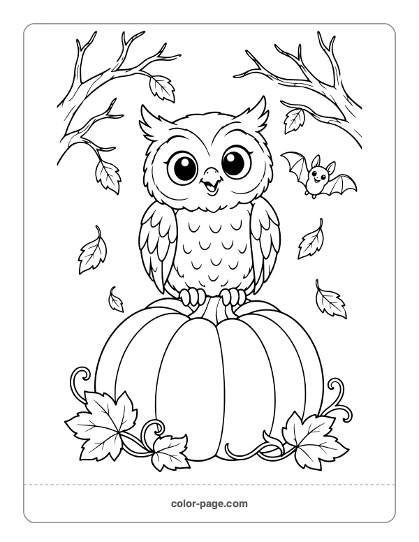 wide-eyed owl perched on a pumpkin coloring page