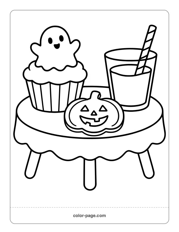 Halloween party cupcake, cookie and punch coloring page