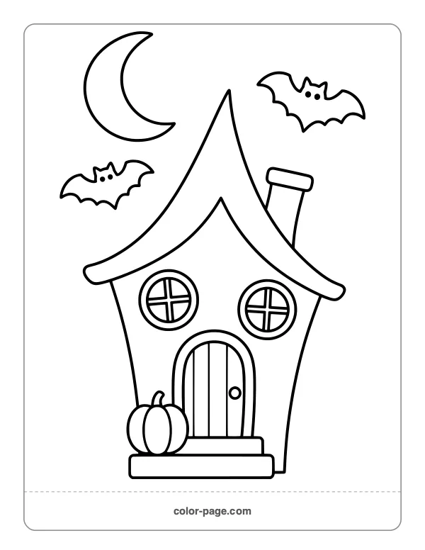 Friendly haunted house with bats and moon coloring page