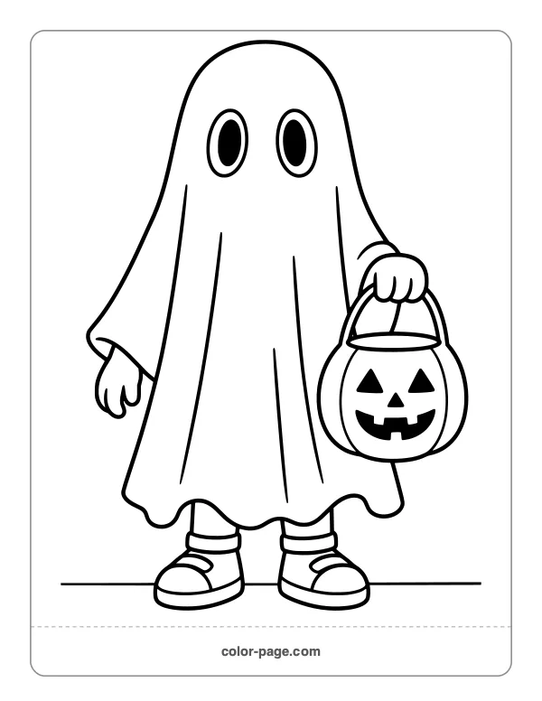 Child in a ghost costume trick-or-treating coloring page
