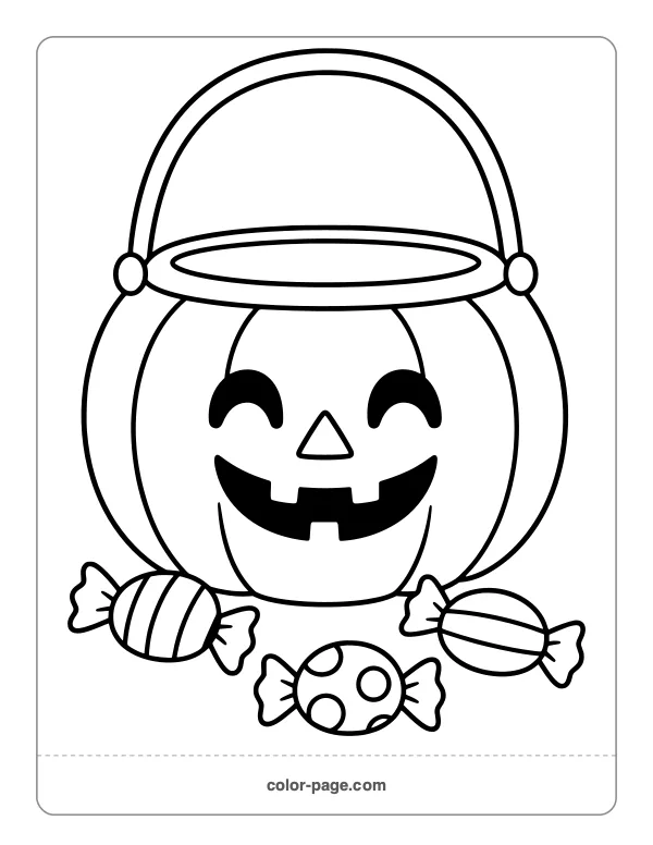 Pumpkin trick-or-treat bucket full of candy coloring page