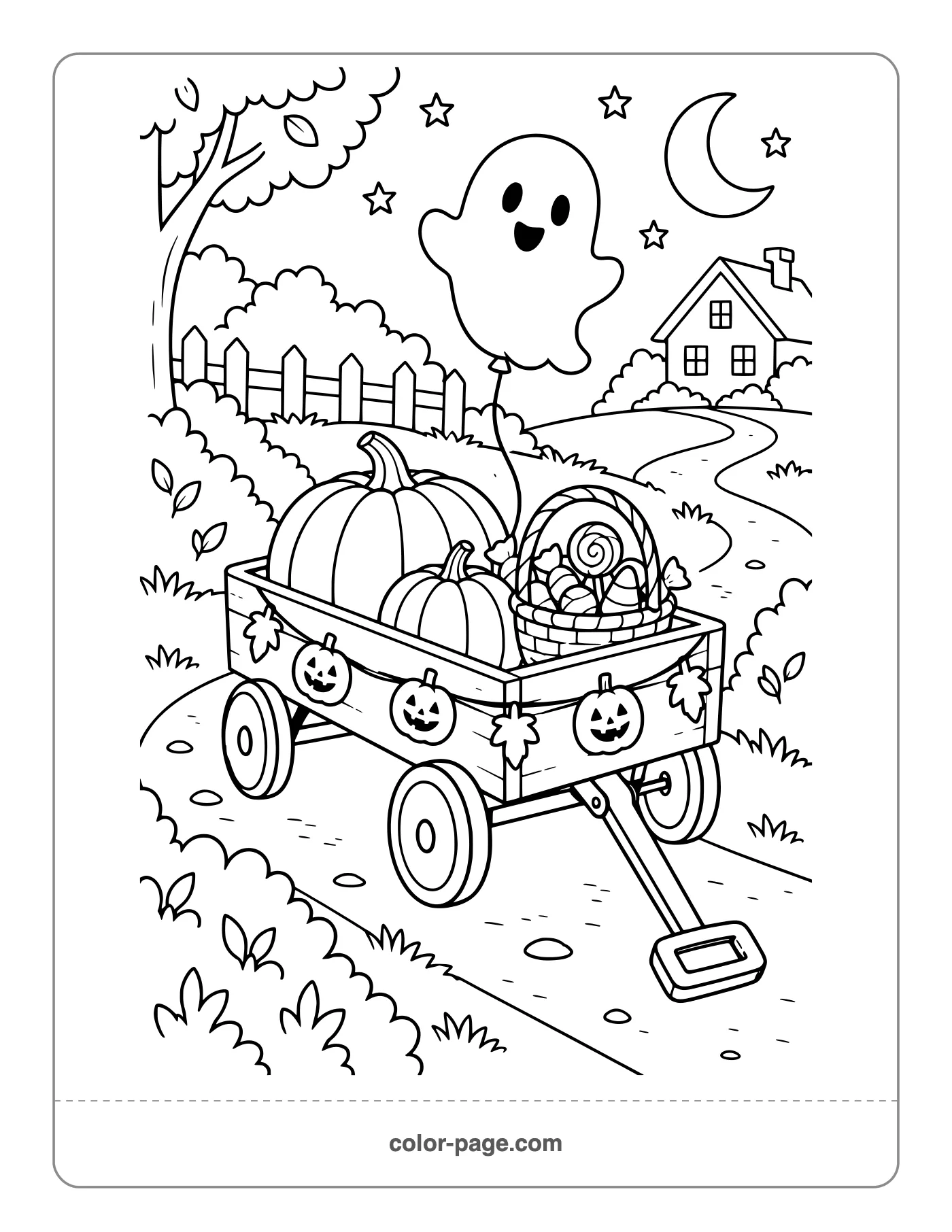 wagon carrying pumpkins and candy on a path coloring page